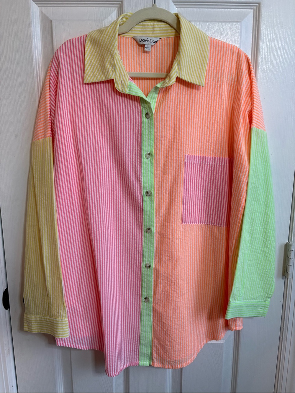 DAVI & DANI Bright Multicolor Oversized Striped Button-Down Shirt, Size Small